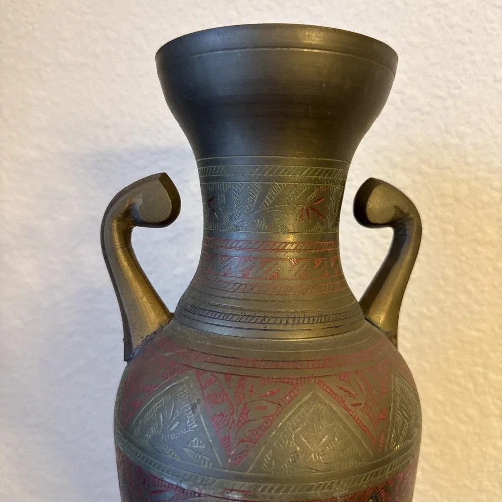 Vintage Solid Brass Vase Hand Etched Floral/Leaf Design 15.5